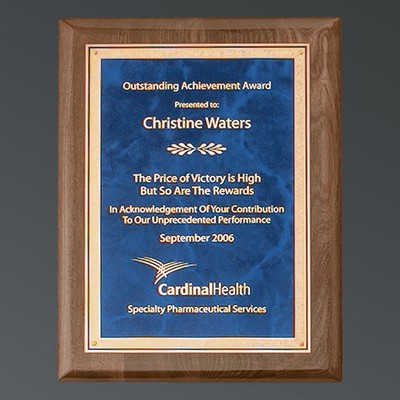 Premium Walnut Piano Finish Notched Rectangle, Blue Brass Plate w/Florentine, Medium (8"x10-1/2")