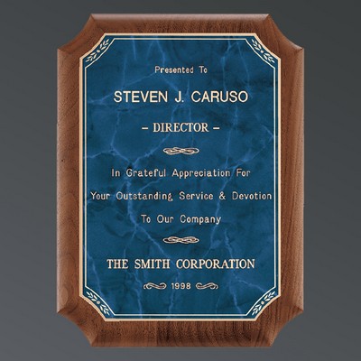 Genuine American Walnut Notched Plaque, Sapphire Marble Plate w/Florentine, Small (7"x9")