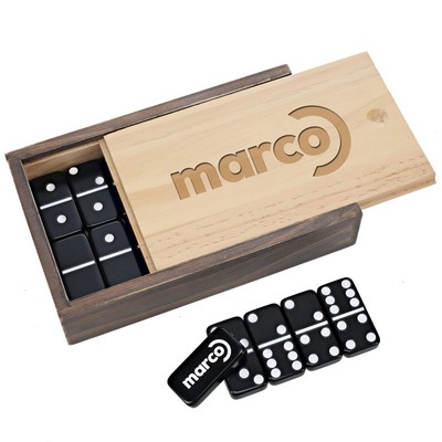 Double 6 Black Dominoes w/ White Dots in Wooden Case