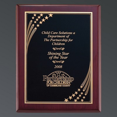Premium Rosewood Piano Finish Plaque w/Florentine Shooting Stars on Black Plate, Large (9"x12")