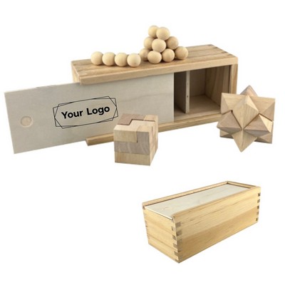 3-in-1 Wooden Brain Teaser Puzzle Set in Gift Box